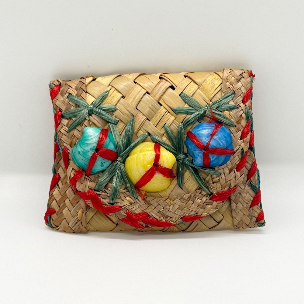 VTG Handwoven Straw Raffia Shell‎ Coin Purse Women Small Tan Multicolor Retro